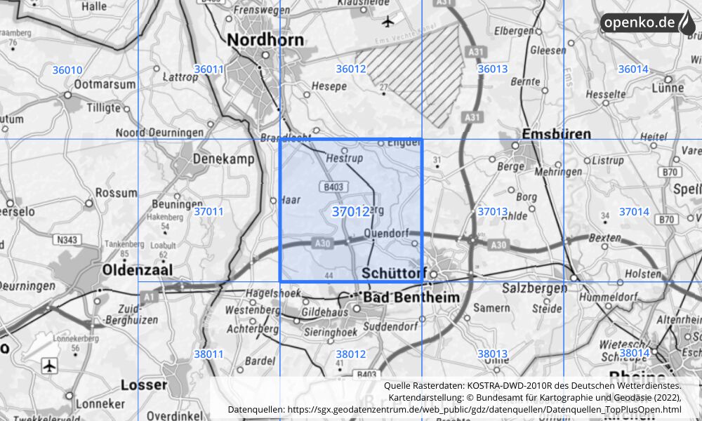 Übersichtskarte KOSTRA-DWD-2010R Rasterfeld Nr. 37012 mit angrenzenden Feldern