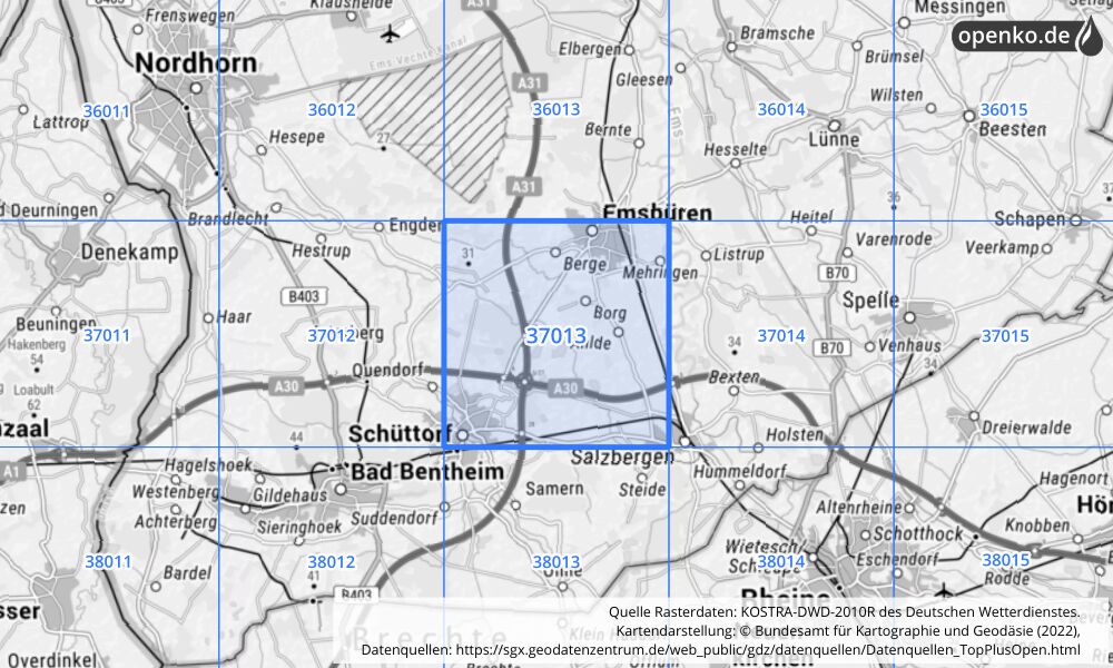 Übersichtskarte KOSTRA-DWD-2010R Rasterfeld Nr. 37013 mit angrenzenden Feldern