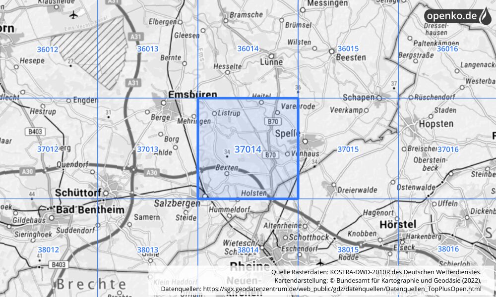 Übersichtskarte KOSTRA-DWD-2010R Rasterfeld Nr. 37014 mit angrenzenden Feldern