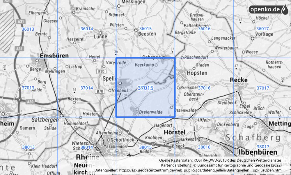 Übersichtskarte KOSTRA-DWD-2010R Rasterfeld Nr. 37015 mit angrenzenden Feldern