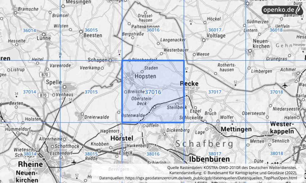 Übersichtskarte KOSTRA-DWD-2010R Rasterfeld Nr. 37016 mit angrenzenden Feldern