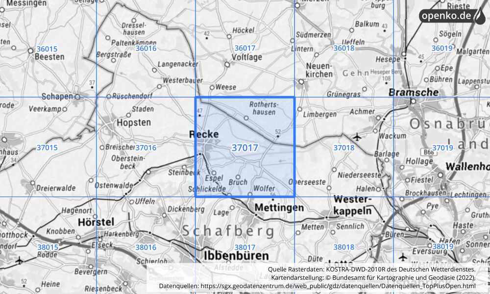 Übersichtskarte KOSTRA-DWD-2010R Rasterfeld Nr. 37017 mit angrenzenden Feldern