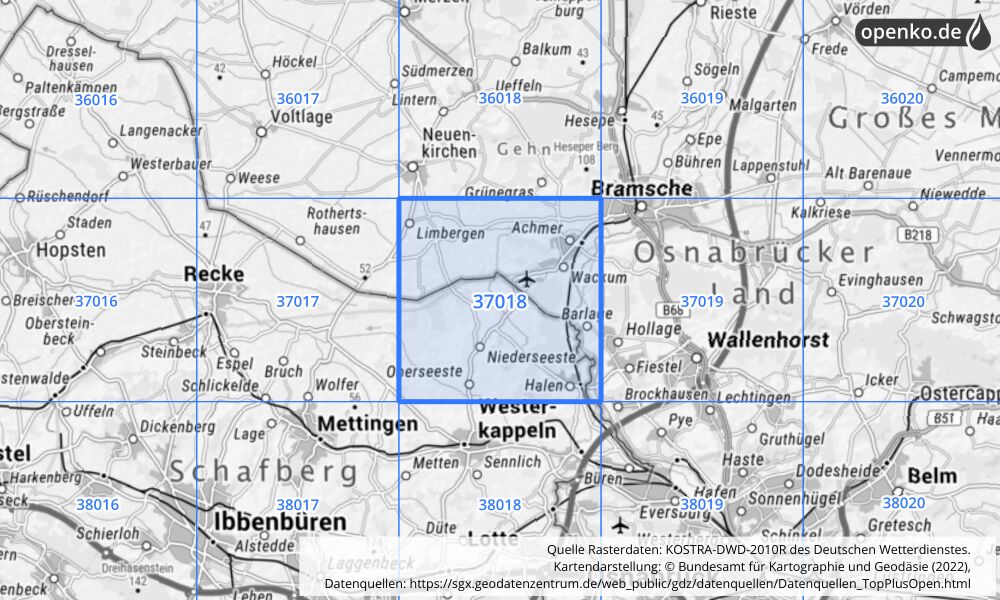 Übersichtskarte KOSTRA-DWD-2010R Rasterfeld Nr. 37018 mit angrenzenden Feldern