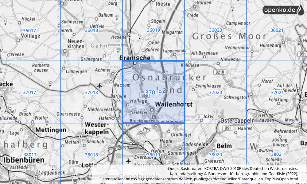 Übersichtskarte KOSTRA-DWD-2010R Rasterfeld Nr. 37019 mit angrenzenden Feldern