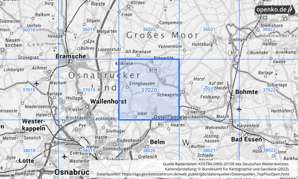 Übersichtskarte KOSTRA-DWD-2010R Rasterfeld Nr. 37020 mit angrenzenden Feldern