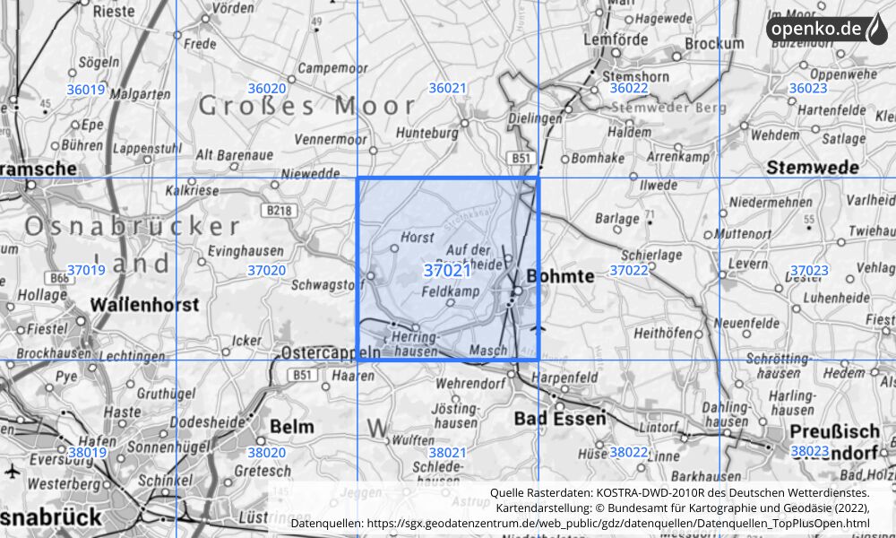 Übersichtskarte KOSTRA-DWD-2010R Rasterfeld Nr. 37021 mit angrenzenden Feldern