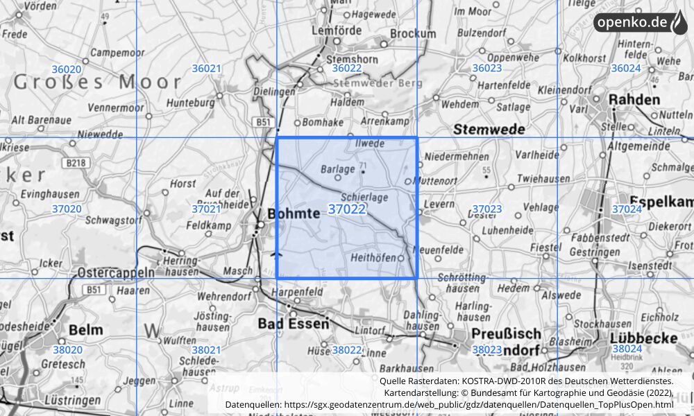 Übersichtskarte KOSTRA-DWD-2010R Rasterfeld Nr. 37022 mit angrenzenden Feldern