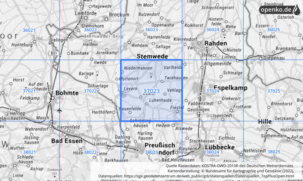 Übersichtskarte KOSTRA-DWD-2010R Rasterfeld Nr. 37023 mit angrenzenden Feldern