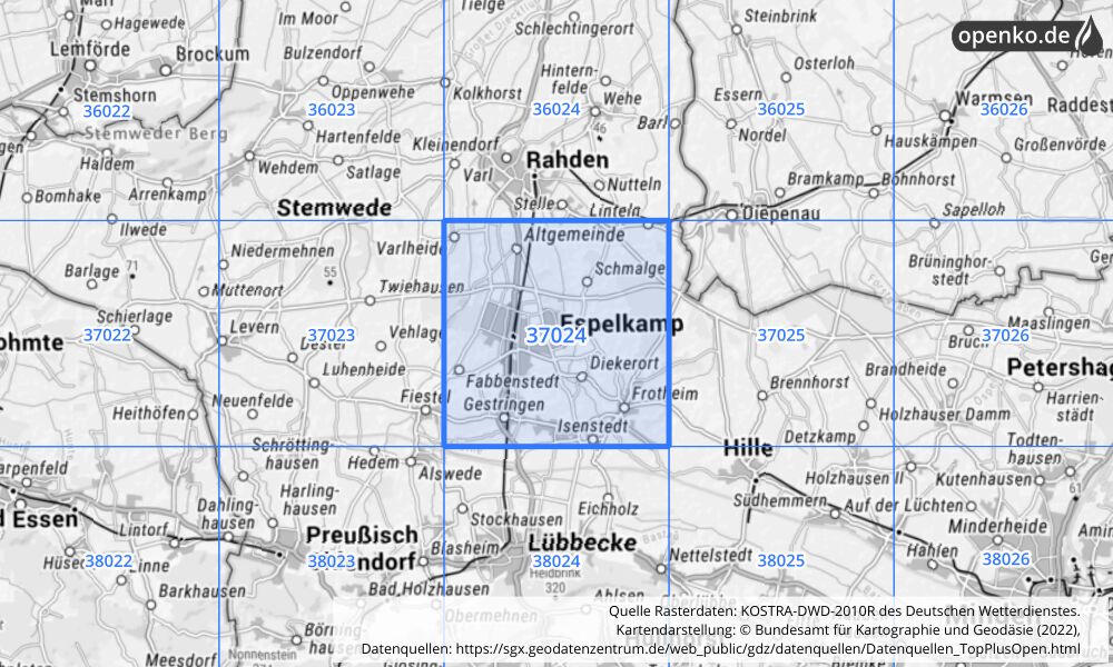 Übersichtskarte KOSTRA-DWD-2010R Rasterfeld Nr. 37024 mit angrenzenden Feldern