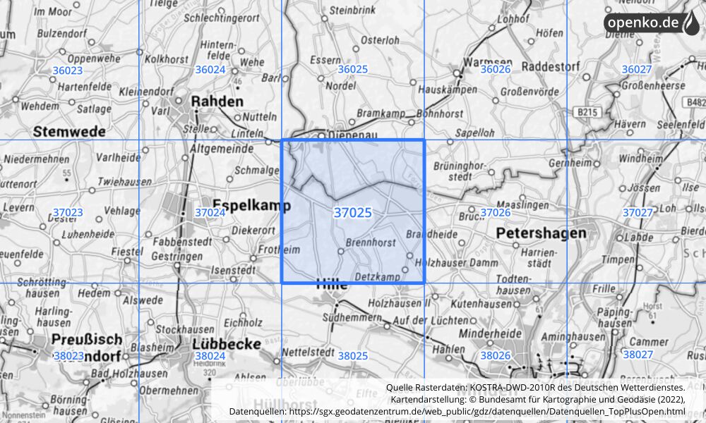 Übersichtskarte KOSTRA-DWD-2010R Rasterfeld Nr. 37025 mit angrenzenden Feldern