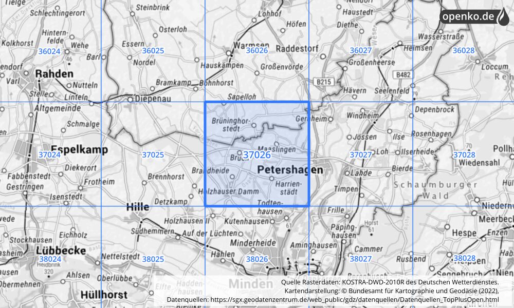 Übersichtskarte KOSTRA-DWD-2010R Rasterfeld Nr. 37026 mit angrenzenden Feldern