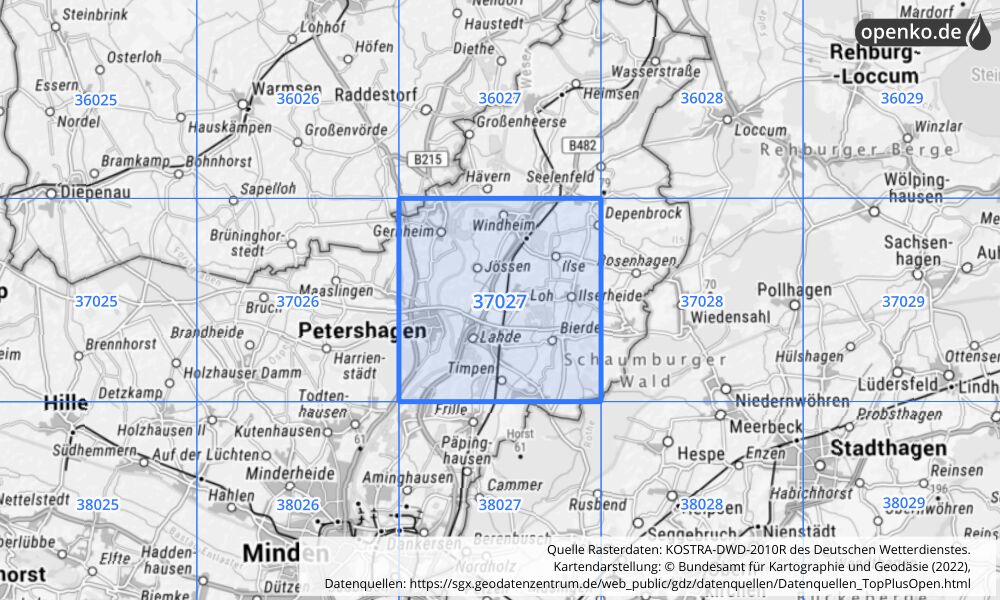 Übersichtskarte KOSTRA-DWD-2010R Rasterfeld Nr. 37027 mit angrenzenden Feldern