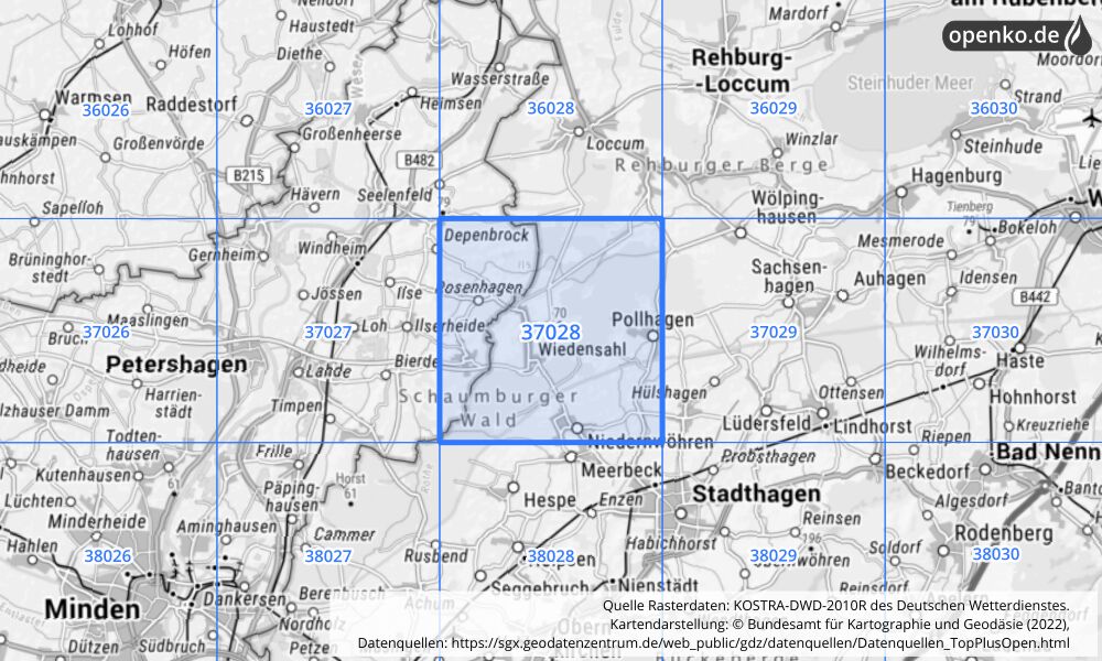 Übersichtskarte KOSTRA-DWD-2010R Rasterfeld Nr. 37028 mit angrenzenden Feldern