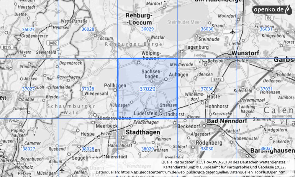 Übersichtskarte KOSTRA-DWD-2010R Rasterfeld Nr. 37029 mit angrenzenden Feldern