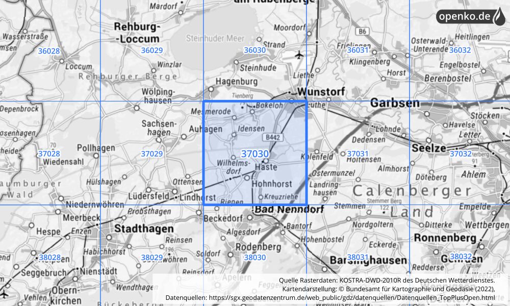 Übersichtskarte KOSTRA-DWD-2010R Rasterfeld Nr. 37030 mit angrenzenden Feldern