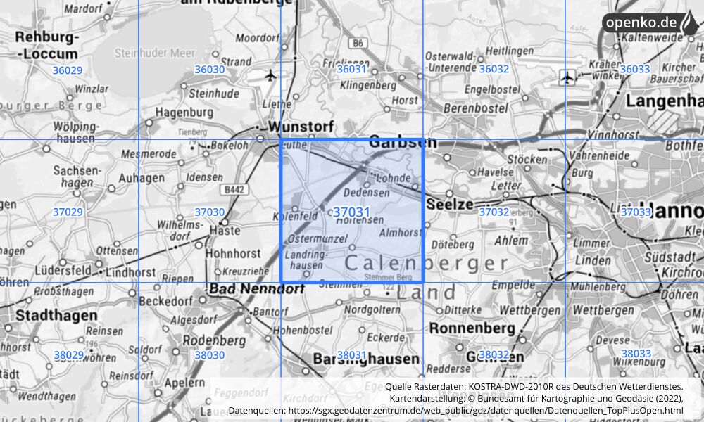 Übersichtskarte KOSTRA-DWD-2010R Rasterfeld Nr. 37031 mit angrenzenden Feldern