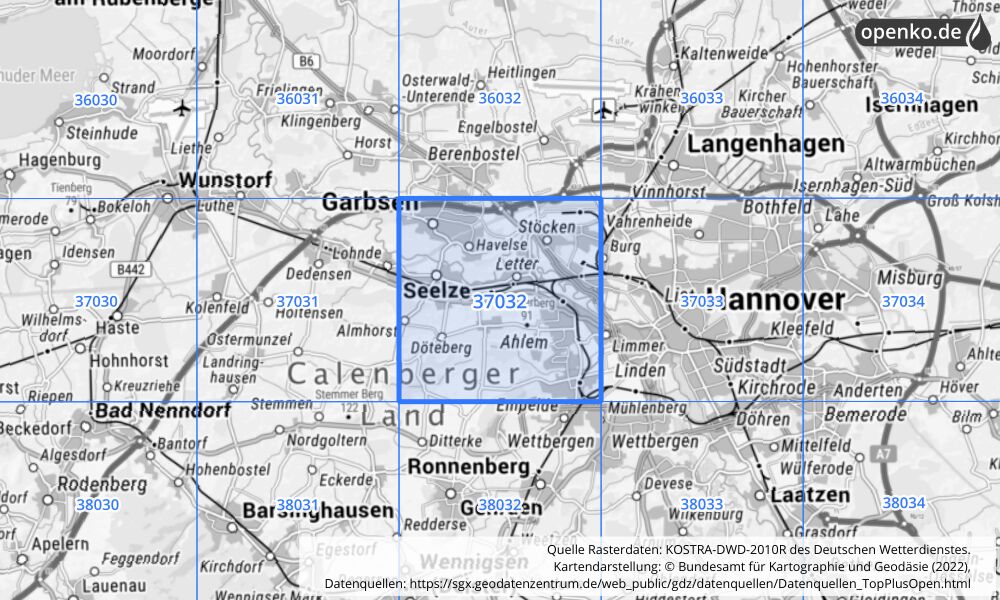 Übersichtskarte KOSTRA-DWD-2010R Rasterfeld Nr. 37032 mit angrenzenden Feldern