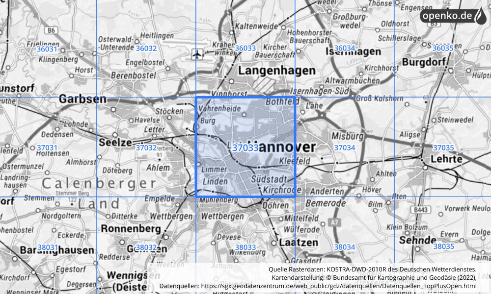 Übersichtskarte KOSTRA-DWD-2010R Rasterfeld Nr. 37033 mit angrenzenden Feldern