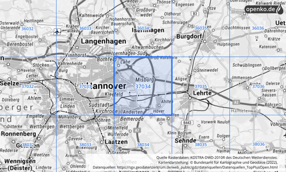 Übersichtskarte KOSTRA-DWD-2010R Rasterfeld Nr. 37034 mit angrenzenden Feldern