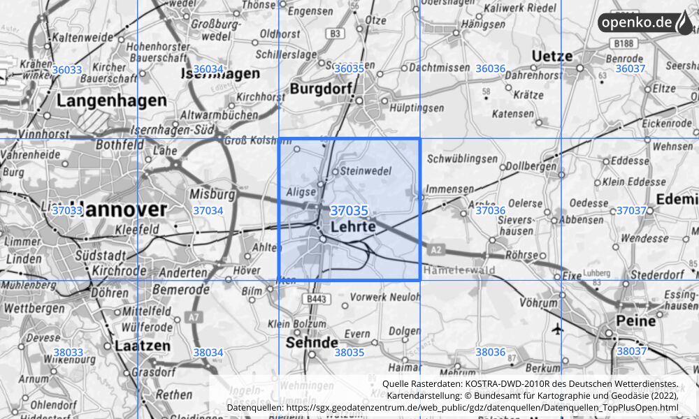 Übersichtskarte KOSTRA-DWD-2010R Rasterfeld Nr. 37035 mit angrenzenden Feldern