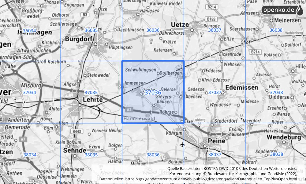 Übersichtskarte KOSTRA-DWD-2010R Rasterfeld Nr. 37036 mit angrenzenden Feldern