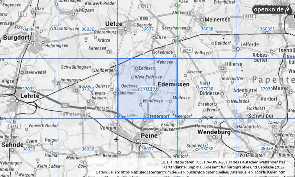 Übersichtskarte KOSTRA-DWD-2010R Rasterfeld Nr. 37037 mit angrenzenden Feldern