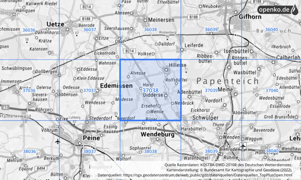 Übersichtskarte KOSTRA-DWD-2010R Rasterfeld Nr. 37038 mit angrenzenden Feldern