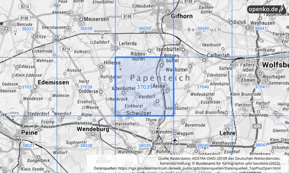 Übersichtskarte KOSTRA-DWD-2010R Rasterfeld Nr. 37039 mit angrenzenden Feldern