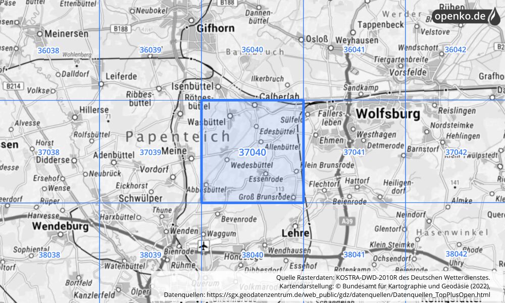 Übersichtskarte KOSTRA-DWD-2010R Rasterfeld Nr. 37040 mit angrenzenden Feldern