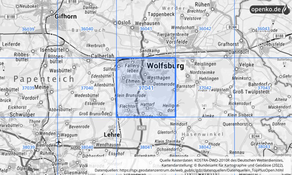 Übersichtskarte KOSTRA-DWD-2010R Rasterfeld Nr. 37041 mit angrenzenden Feldern