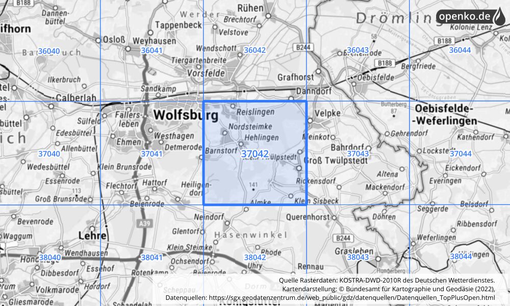 Übersichtskarte KOSTRA-DWD-2010R Rasterfeld Nr. 37042 mit angrenzenden Feldern