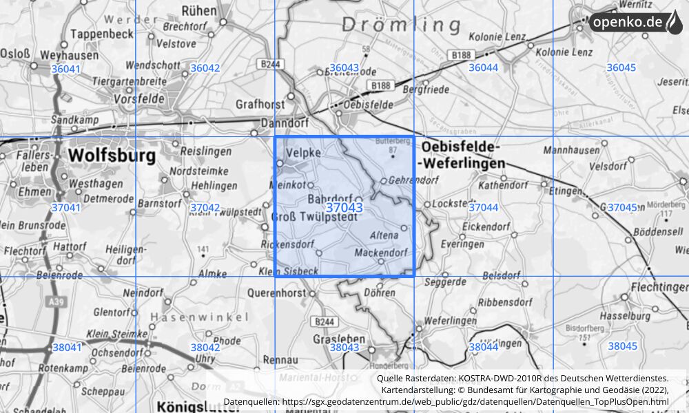 Übersichtskarte KOSTRA-DWD-2010R Rasterfeld Nr. 37043 mit angrenzenden Feldern