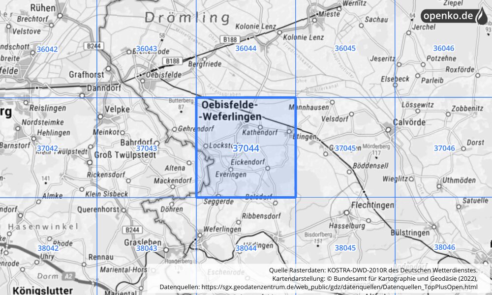 Übersichtskarte KOSTRA-DWD-2010R Rasterfeld Nr. 37044 mit angrenzenden Feldern