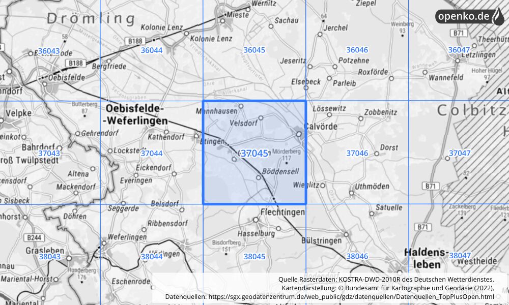 Übersichtskarte KOSTRA-DWD-2010R Rasterfeld Nr. 37045 mit angrenzenden Feldern