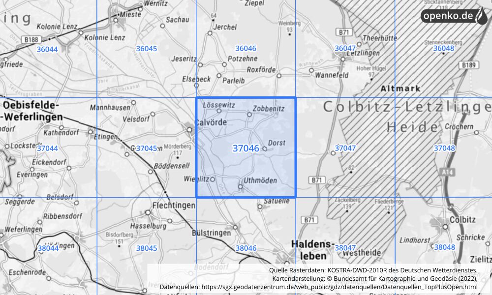 Übersichtskarte KOSTRA-DWD-2010R Rasterfeld Nr. 37046 mit angrenzenden Feldern