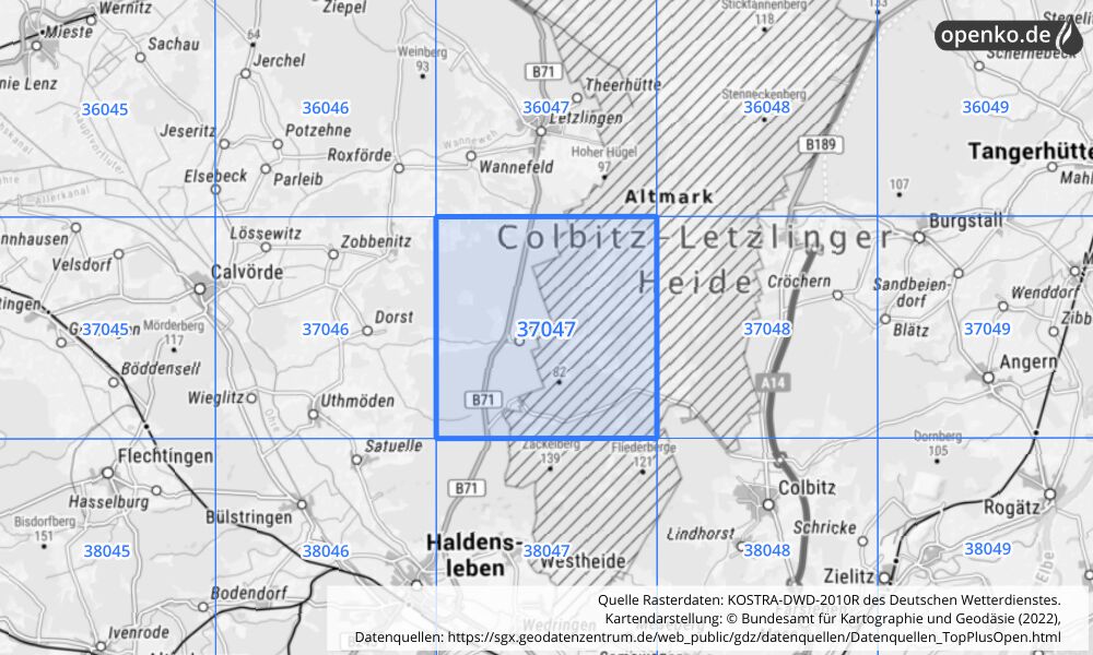 Übersichtskarte KOSTRA-DWD-2010R Rasterfeld Nr. 37047 mit angrenzenden Feldern