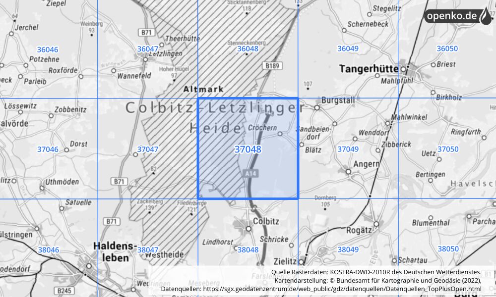 Übersichtskarte KOSTRA-DWD-2010R Rasterfeld Nr. 37048 mit angrenzenden Feldern