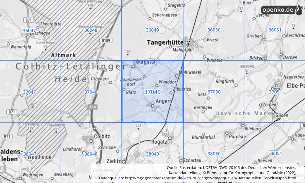 Übersichtskarte KOSTRA-DWD-2010R Rasterfeld Nr. 37049 mit angrenzenden Feldern