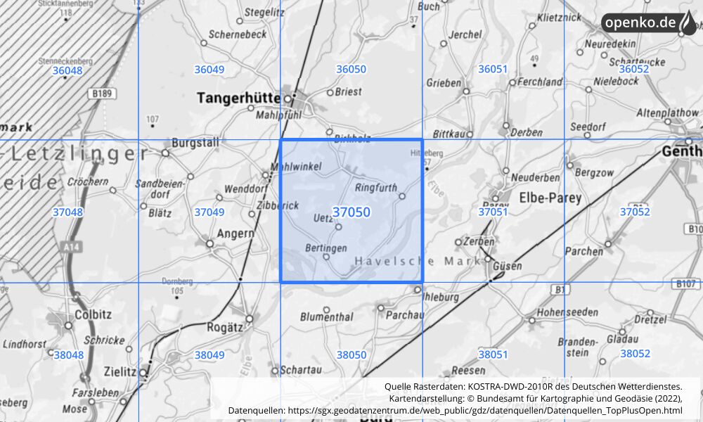 Übersichtskarte KOSTRA-DWD-2010R Rasterfeld Nr. 37050 mit angrenzenden Feldern