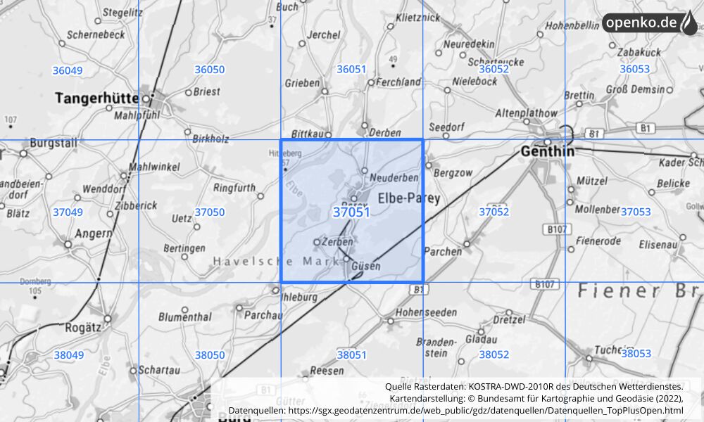 Übersichtskarte KOSTRA-DWD-2010R Rasterfeld Nr. 37051 mit angrenzenden Feldern