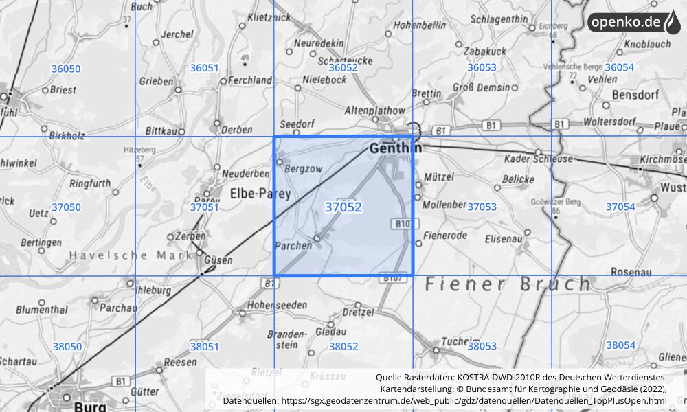 Übersichtskarte KOSTRA-DWD-2010R Rasterfeld Nr. 37052 mit angrenzenden Feldern