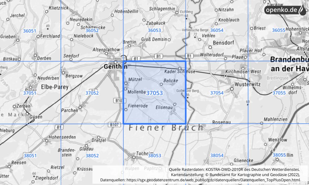 Übersichtskarte KOSTRA-DWD-2010R Rasterfeld Nr. 37053 mit angrenzenden Feldern