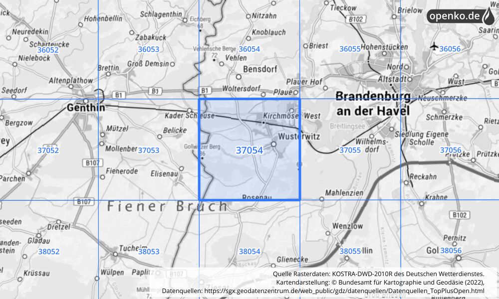 Übersichtskarte KOSTRA-DWD-2010R Rasterfeld Nr. 37054 mit angrenzenden Feldern