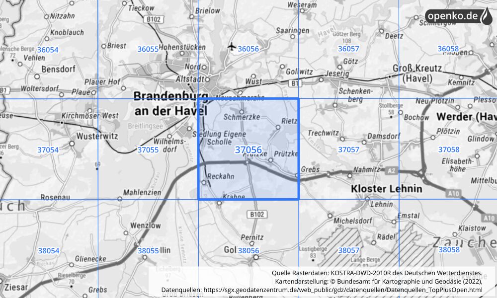 Übersichtskarte KOSTRA-DWD-2010R Rasterfeld Nr. 37056 mit angrenzenden Feldern