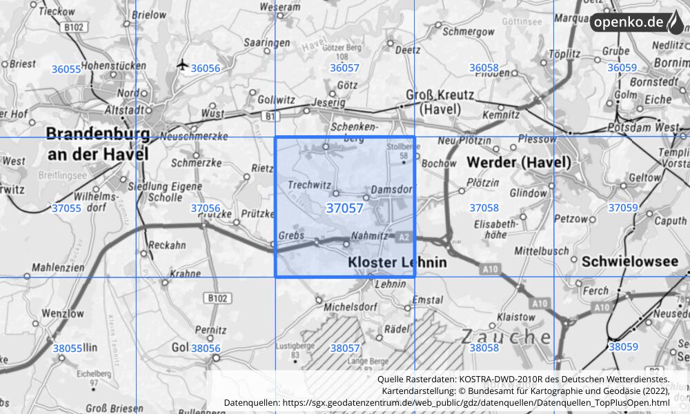 Übersichtskarte KOSTRA-DWD-2010R Rasterfeld Nr. 37057 mit angrenzenden Feldern