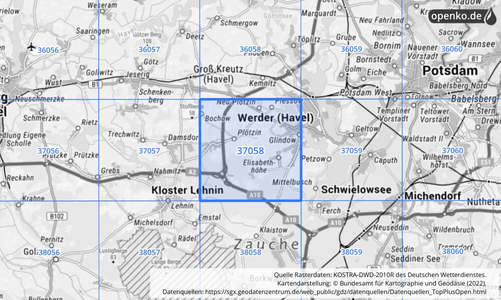 Übersichtskarte KOSTRA-DWD-2010R Rasterfeld Nr. 37058 mit angrenzenden Feldern