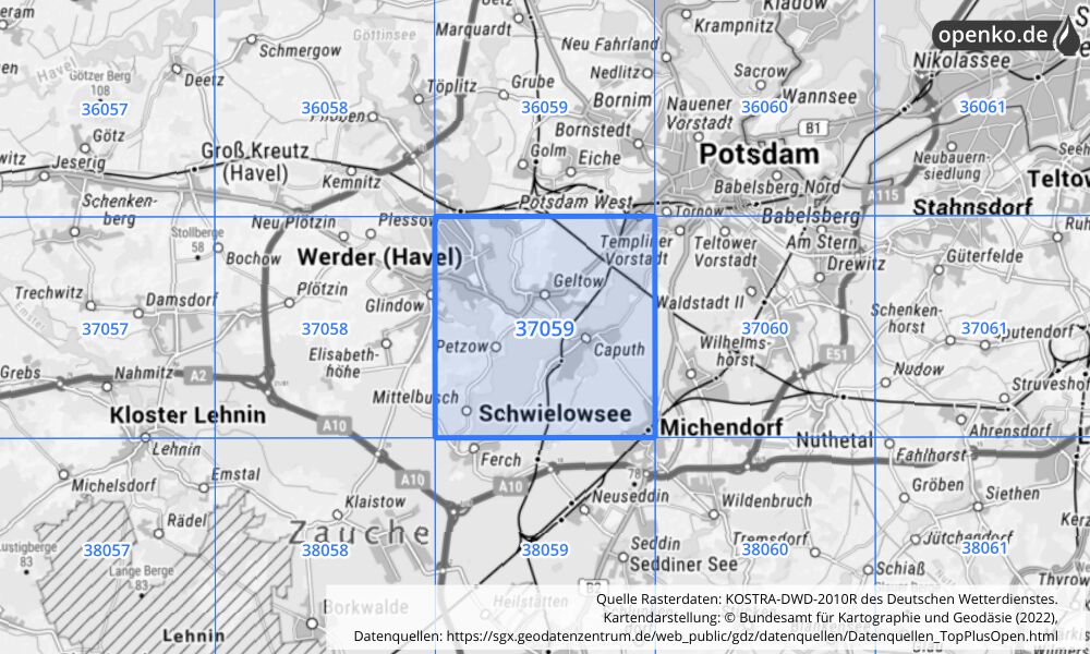 Übersichtskarte KOSTRA-DWD-2010R Rasterfeld Nr. 37059 mit angrenzenden Feldern