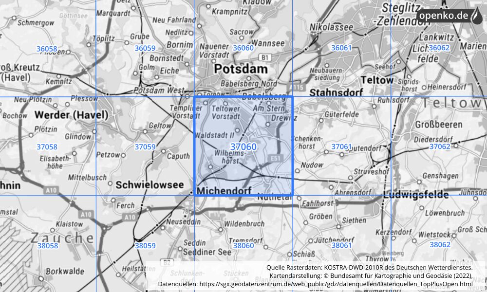 Übersichtskarte KOSTRA-DWD-2010R Rasterfeld Nr. 37060 mit angrenzenden Feldern