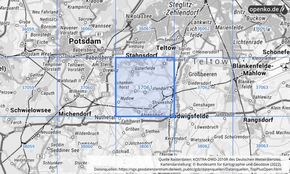 Übersichtskarte KOSTRA-DWD-2010R Rasterfeld Nr. 37061 mit angrenzenden Feldern