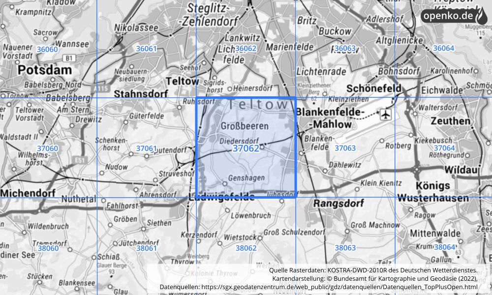 Übersichtskarte KOSTRA-DWD-2010R Rasterfeld Nr. 37062 mit angrenzenden Feldern